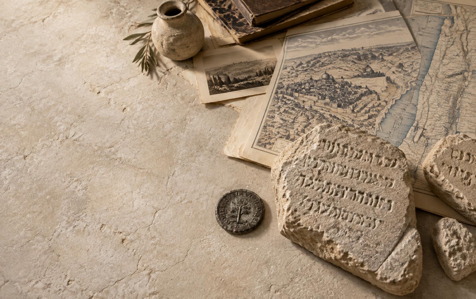 Archival map, ancient inscription fragments and coin representing layers of history